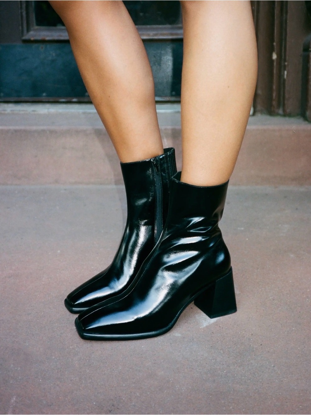 Jeffrey Campbell Sherpal Black Patent Square-Toe Block Heel Ankle Boots